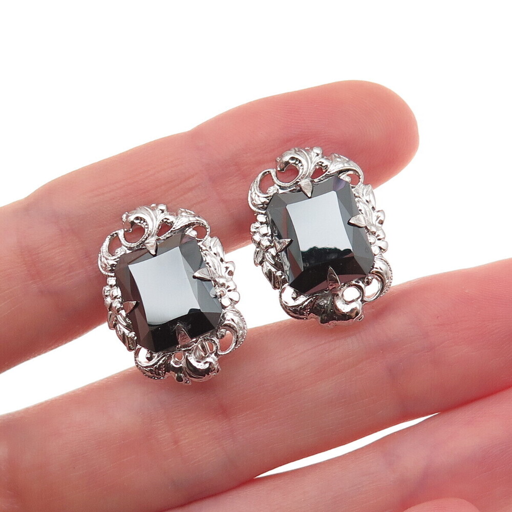 Dixelle 925 Sterling Silver Vintage Real Hematite Floral Screw Back Earrings